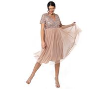 Maya Deluxe Vestido de Noche Midi Adornado para Mujer, Cuello en V con Manga Corta para graduación, Boda Dama de Honor, Rubor Taupe, 52
