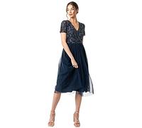 Maya Deluxe Vestido de Noche Midi Adornado para Mujer, Cuello En V con Manga Corta para Graduación, Boda Dama de Honor, Azul Marino, 34