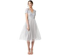 Maya Deluxe Vestido de Noche Midi Adornado para Mujer, Cuello En V con Manga Corta para Baile de Graduación Y Boda Dama de Honor, Gris Suave, 36