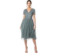 Maya Deluxe Vestido de Noche Midi Adornado para Mujer, Cuello En V con Manga Corta para Graduación, Boda Dama de Honor, Verde Neblina, 38