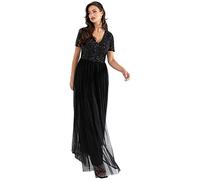 Maya Deluxe Vestido largo con escote en V adornado y manga corta, cintura imperio, graduación, dama de honor, invitada de boda, negro, 16