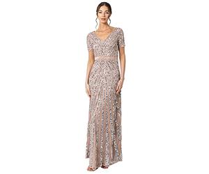 Maya Deluxe Vestido Largo de Lentejuelas Adornado para Mujer, Manga, Cuello en V, Cintura Imperio, Corte Brillante, para graduación, Boda Dama de Honor, Rubor Taupe, 38 EU