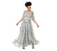Maya Deluxe Vestido Largo para Mujer, Hombros Descubiertos, Tirantes Delgados, Bordado Floral, Volantes, Tul, invitada de Boda, Lirio Verde, 36