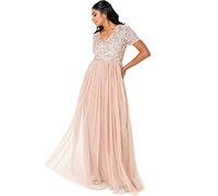 Maya Deluxe Vestido Maxi Adornado con Escote En V Dama de Honor para Mujer, Taupe Blush, 46