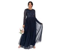 Maya Deluxe Vestido Maxi de Manga Larga para Mujer, Cuello Redondo, Lentejuelas, Estampado Floral, A-Line para Ocasiones, Azul Marino, 48