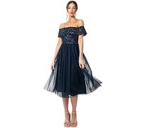 Maya Deluxe Vestido Midi Adornado con Bardot Dama de Honor, Azul Marino, 48 para Mujer
