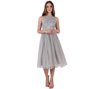 Maya Deluxe Vestido Midi para Mujer con Cuello Halter de Tul para Noche, Graduación, Boda, Damas de Honor Dama, Gris Suave, 38