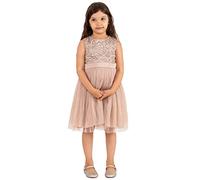 Maya Deluxe Vestido Midi para Niñas con Lentejuelas Adornadas para Fiesta, Tutú, Damas de Honor, Boda con Lazo para Cinturón, Rubor Taupe, 7-8 Años