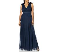 Maya Deluxe Vestido Mujer con Cuello en V con Volantes, sin Mangas, Cintura Imperio Alta, Largo para invitadas de graduación, Boda, Dama de Honor, Azul Marino, 38