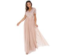 Maya Deluxe Vestido Mujer, Dama de Honor, Cuello en V, Manga Corta, Largo, Elegante, Cintura Imperio, Boda, Rubor Taupe, 48