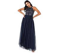Maya Deluxe Womens Ladies Bridesmaid Maxi Dress Halter Neck Sequin Embellished Prom Graduation Wedding Vestido de Dama de Honor, Navy, 20 para Mujer