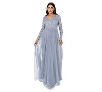 Maya Deluxe Womens Ladies Dress Long Sleeve for Wedding Guest V Neck High Empire Waist Maxi Long Length Evening Bridesmaid Prom, Vestido Mujer, Dusty Blue, 24