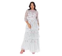 Maya Deluxe Women's Ladies Maxi Dress Round Neck 3/4 Sleeve Floral Sequin Embellished Ruffle A-Line for Wedding Guest Prom Ball Gown Vestido, Glacier Grey, 42 para Mujer