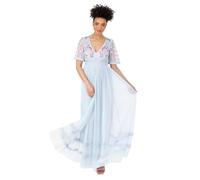 Maya Deluxe Women's Ladies Maxi Dress Short Puff Sleeve V-Neck Floral Embroidered Tulle Lace Keyhole Back Ruffle Empire A-Line Prom Vestido, Baby Blue, 48 para Mujer
