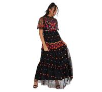 Maya Deluxe Women's Ladies Maxi Dress Short Sleeve High Neck Embroidered Ruffle Frilly Tulle A-Line for Occasion Evening Ball Gown Vestido, Black, 36 De Las Mujeres