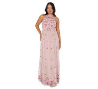Maya Deluxe Women's Ladies Maxi Dress Sleeveless Halterneck Tiered Floral Embroidered A-Line for Wedding Guest Evening Ball Gown Vestido, Frosted Pink, 50 para Mujer