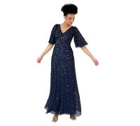 Maya Deluxe Women's Ladies Maxi Dress V-Neck Short Angel Sleeve Sequin Embellished A-Line Bridesmaid Wedding Guest Prom Ball Gown Vestido, Navy Blue, 2 Mes De Las Mujeres