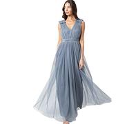 Maya Deluxe Womens Ladies Maxi Dress with Ruffle V Neck Sleeveless High Empire Waist Long for Prom Guest Wedding Bridesmaid Vestido de Dama de Honor, Dusty Azul, 42 para Mujer