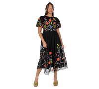 Maya Deluxe Women's Ladies Midi Dress Black Short Puff Sleeves Round Neck Floral Embroidered Open Back Tie A-Line Occasion Evening Vestido, 50 para Mujer