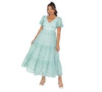 Maya Deluxe Women's Ladies Midi Dress V-Neck Short Puff Sleeves Keyhole Back Floral Embroidery Tie Bow A-Line for Wedding Guest Prom Vestido, Vert Menthe, 50 De Las Mujeres