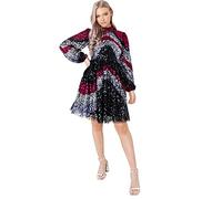 Maya Deluxe Womens Ladies Sequin Embellished Dress Mini Long Bishop Sleeve Highneck for Wedding Guest Prom New Years Eve Black Vestido, 36 para Mujer