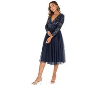 Maya Deluxe Womens Ladies Wedding Guest Midi Dress Long Sleeve Plunging Neckline V Neck Sequin Embellished Graduation Vestido de Dama de Honor, Azul Marino, 48 para Mujer