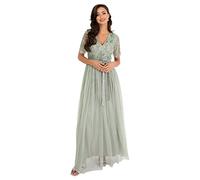 Maya Deluxe Womens Maxi Dress Ladies Ball Gown for Wedding Guest Embellished Tie Waist V Neck Bridesmaid Prom Evening Occasion, Vestido Mujer, Green Lily,