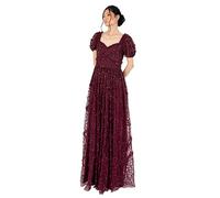 Maya Deluxe Womens Maxi Dress Ladies Embellished Frilly Sweetheart Neckline Short Sleeve for Wedding Guest Bridesmaid Prom Ball Gown, Vestido Mujer, Wine,