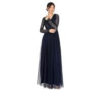 Maya Deluxe Women's Maxi Dress Ladies Embellished Wrap Tulle Frilly V-Neck Long Sleeve for Wedding Guest Bridesmaid Prom Ball Gown Vestidos, Navy, 48 De Las Mujeres