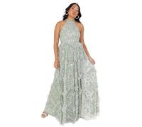 Maya Deluxe Women's Maxi Dress Ladies Halterneck Sleeveless Sage Lentejuelas Embellished Ruffles Split Slit A-Line Evening Ball Gown Vestido, Lirio Verde, 38 para Mujer