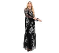 Maya Deluxe Women's Maxi Dress Ladies Long Sleeve Boat Neck Sheer Tulle Floral Sequin Embellished Trapeze Evening Prom Ball Gown, Black, 2 Mes