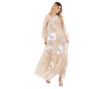 Maya Deluxe Women's Maxi Dress Ladies Long Sleeve Boat Neck Sheer Tulle Floral Sequin Embellished Trapeze Evening Prom Ball Gown, Champagne, 36
