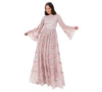 Maya Deluxe Women's Maxi Dress Ladies Modest Round Neck Long Bell Sleeve Sequin Embellished Tiered Ruffle A-Line Bridesmaid Prom, Frosted Pink, 40