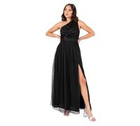 Maya Deluxe Women's Maxi Dress Ladies One Shoulder Sleeveless Floral Sequin Embellished Sash Tie Belt Tulle A-Line Split Bridesmaid, Black, 56