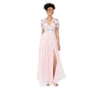Maya Deluxe Women's Maxi Dress Ladies Short Puff Sleeve V-Neck Sequin Embellished Lace Trim Tulle Split A-Line Bridesmaid Ball Gown, Vestido De Las Mujeres, Crystal Pink,