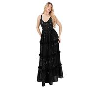 Maya Deluxe Women's Maxi Dress Ladies Sleeveless V-Neck Sequin Embellished Floral Ruffle Chiffon A-Line Open Back Tie Prom Ball Gown, Black, 42