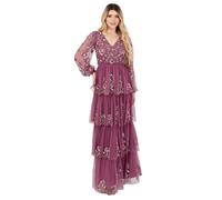 Maya Deluxe Women's Maxi Dress Ladies V-Neck Long Blouson Sleeve Floral Sequin Embellished A-Line Tiered Skirt Tulle Keyhole Back, Rosa 36