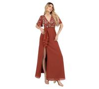 Maya Deluxe Women's Maxi Dress Ladies V-Neck Short Angel Sleeve Sequin Embellished Ruffles Side Split A-Line Evening Ball Gown, Rust, 38