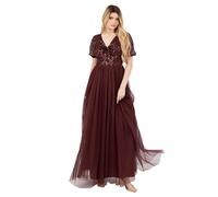 Maya Deluxe Women's Maxi Dress Ladies V-Neck Short Puff Sleeve Sequin Embellished Twist Front Tulle A-Line Bridesmaid Prom Ball Gown, Cranberry, 50
