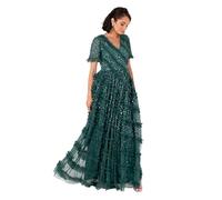 Maya Deluxe Women's Maxi Dress Ladies V-Neck Short Sleeve Sequin Embellished Ruffle Tulle A-Line Bridesmaid Evening Prom Ball Gown, Verde Esmeralda 40