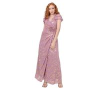 Maya Deluxe Vestido Largo para Mujer con Cuello En V, Manga Corta Escalonada, Jacquard, Ramillete, Acampanado, Orquídea Rosa, 38