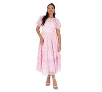 Maya Deluxe Women's Midaxi Dress Ladies Floral Lace Round Neck Short Puff Sleeves Lace Up Back A-Line Wedding Guest Prom Ocasión Vestido, Rosa, 34 para Mujer