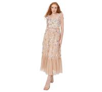 Maya Deluxe Women's Midaxi Dress Ladies Ruffle Short Sleeve Square Neck Sequin Embellished Shirred Back Frills A-Line Wedding Guest, Vestido De Las Mujeres, Nude,