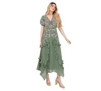 Maya Deluxe Women's Midaxi Dress Ladies Short Puff Sleeve V-Neck Sequin Embellished Ruffle Chiffon Handkerchief A-Line Wedding Guest, Menta Oscura 38