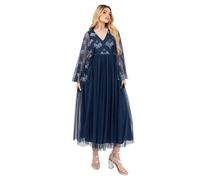 Maya Deluxe Women's Midaxi Dress Ladies V-Neck Long Wide Angel Sleeves Sequin Embellished Empire A-Line Tulle Evening Prom Ball Gown, French Navy, 36