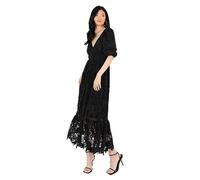 Maya Deluxe Women's Midaxi Dress V Neckline Puff Sleeve Lace A-Line for Wedding Guest Bridesmaid Cocktail Prom Evening Occasion, Vestido Mujer, Black,