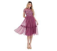 Maya Deluxe Women's Midi Dress Ladies Round Neck Sheer Short Sleeves Sequin Embellished Tulle Ruffle A-Line Wedding Guest Occasion, Rose, 50