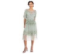 Maya Deluxe Womens Midi Dress Ladies Sequin Embellished Short Sleeve Dress for Wedding Guest Bridesmaid Prom Ball Evening Occasion, Vestido Mujer, Green Lily,