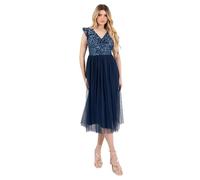 Maya Deluxe Women's Midi Dress Ladies V-Neck Flutter Sleeve Sequin Embellished Twist Front Tulle Wedding Guest Bridesmaid Occasion, Navy Blue, 54