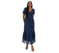 Maya Deluxe Women's Midi Dress Ladies V-Neck Short Puff Sleeves Twist Front Lace Tiered Bottom Hemline A-Line Wedding Guest Occasion Vestido, Azul Marino, 2 Mes Mujeres